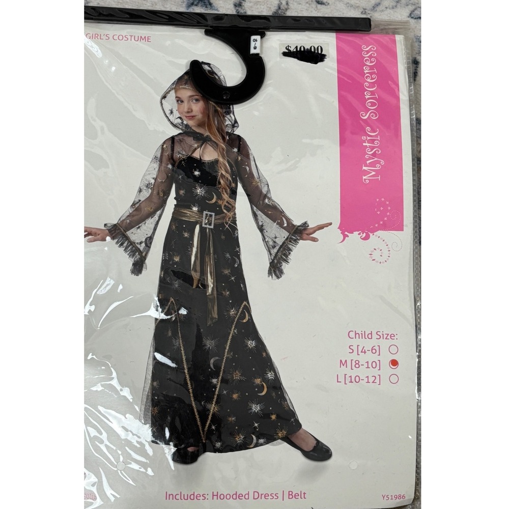 Seasons USA Mystic Sorceress Girls Costume Hooded Dress Belt Black Gold Y51986